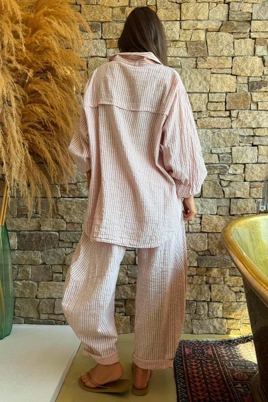 Sundaze Cheesecloth Chalk Stripe Boyfriend Shirt Rose